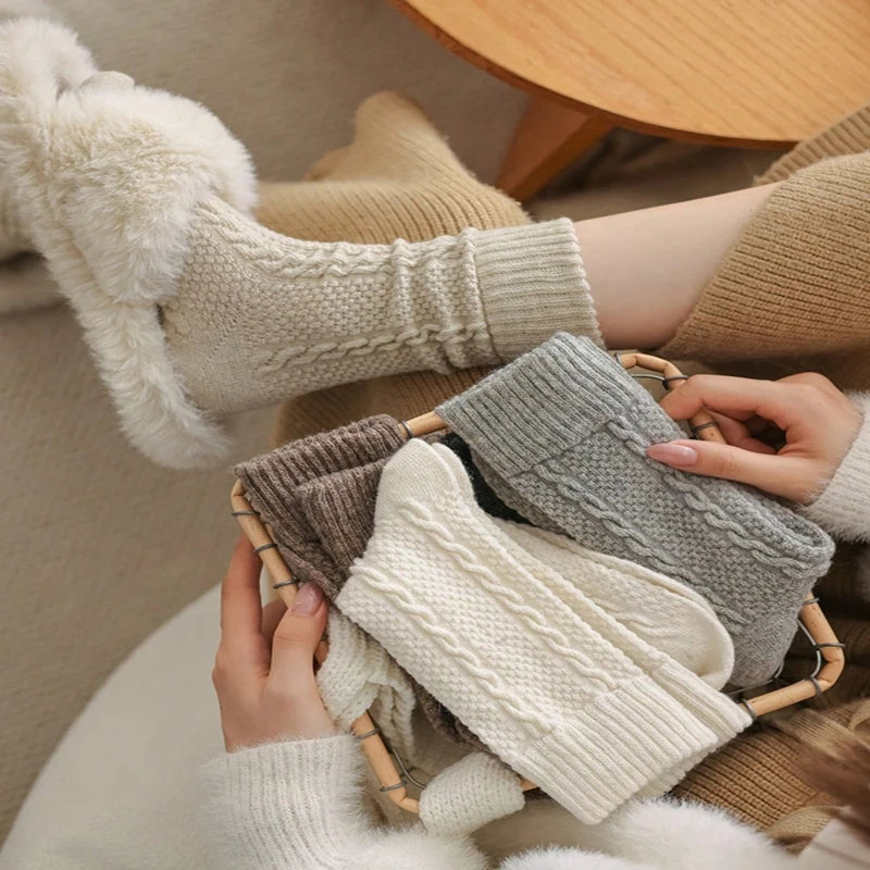 7 Pairs of Autumn And Winter Japanese-Style Versatile Solid Color Embossed Cable Knit Thick Warm Knee-High Socks