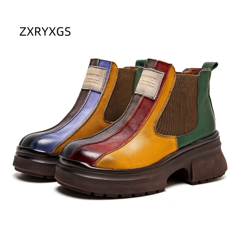 

ZXRYXGS 2025: ботинки из воловьей кожи в британском стиле с цветными блоками, верхний слой, женские ботинки на высоком каблуке на толстой подошве, модная обувь