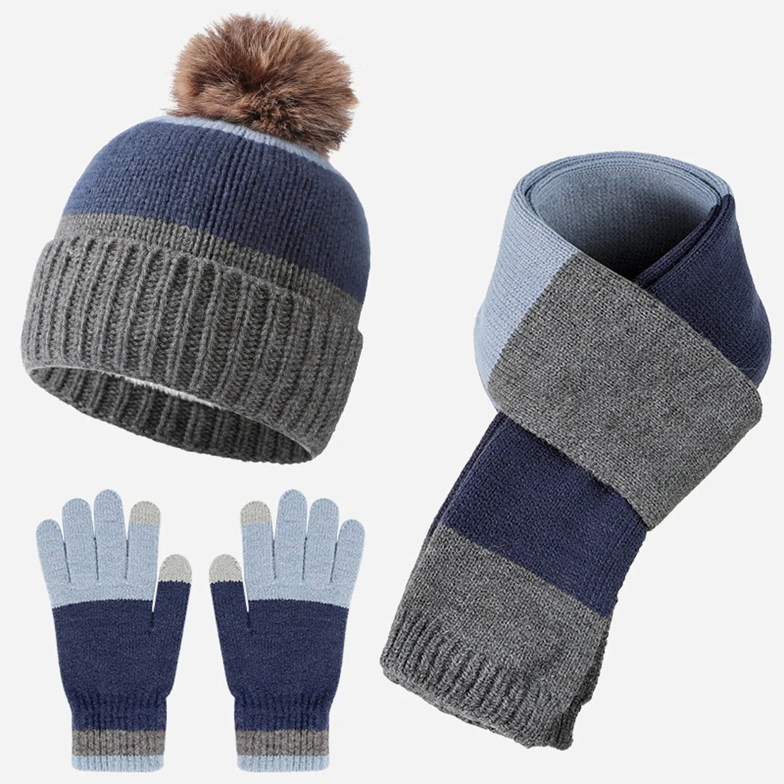 Conjunto de gorro de invierno para niños, guantes, bufanda, decoración de bola de felpa, estampado a rayas, forro polar grueso, gorro de punto, bufanda completa, 3 piezas por juego