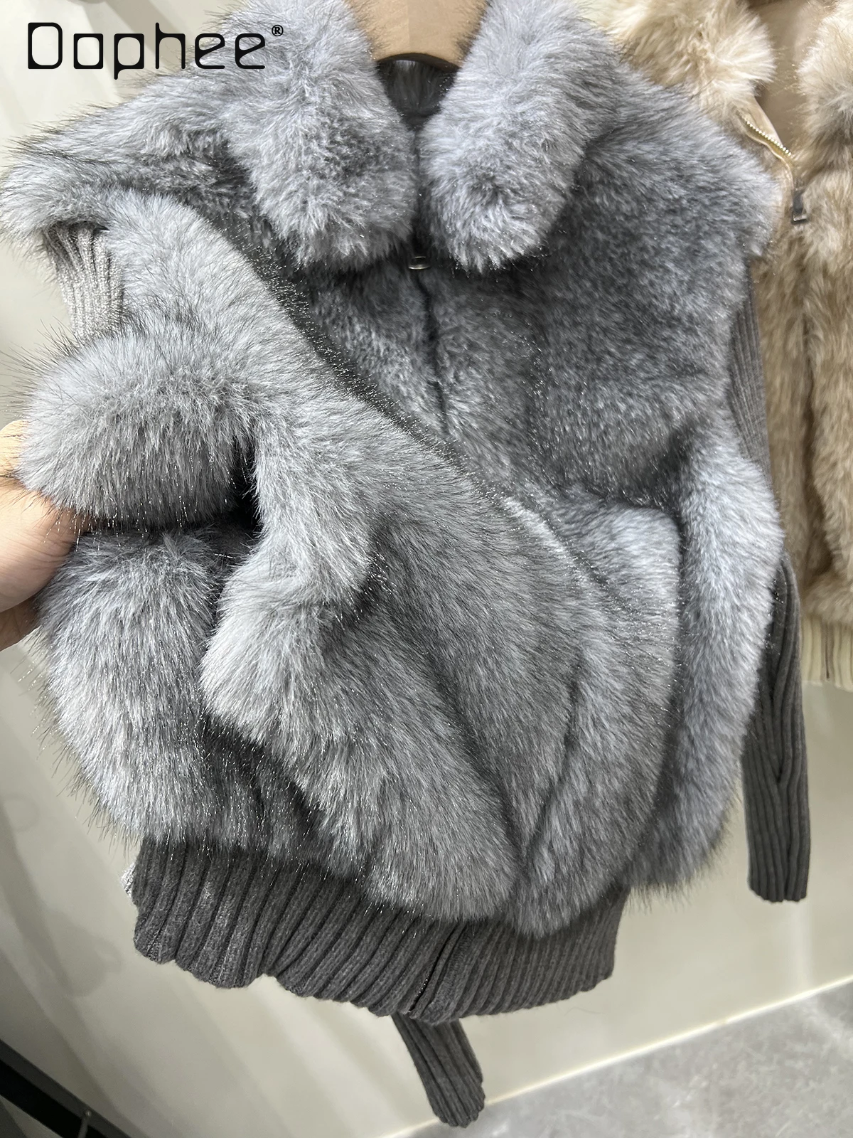 الشتاء الكورية الوقوف طوق وهمية قطعتين تقسم الفراء سترة معطف المرأة ضئيلة أنيقة العصرية الراقية قصيرة صديقة للبيئة معطف الفرو #4