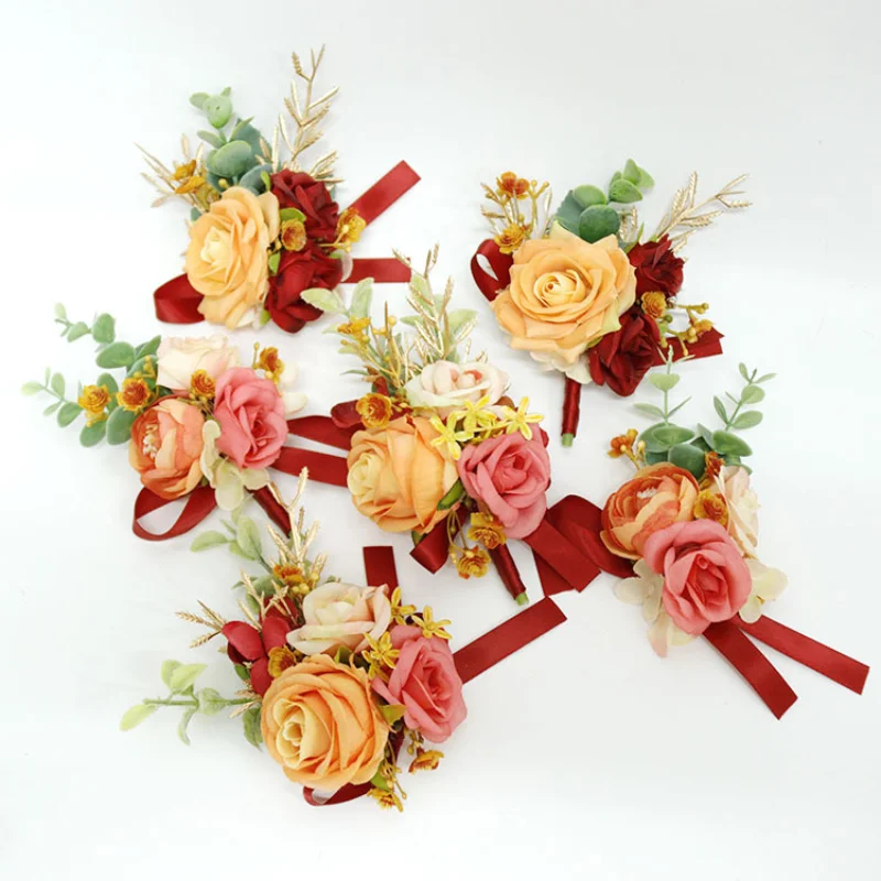 Oranje Kunstmatige Bloemen Boutonniere Corsage Bruiloft Rozen Met Sash Brides Bruidsjonkers Getuige Knoopsgat Accessoires