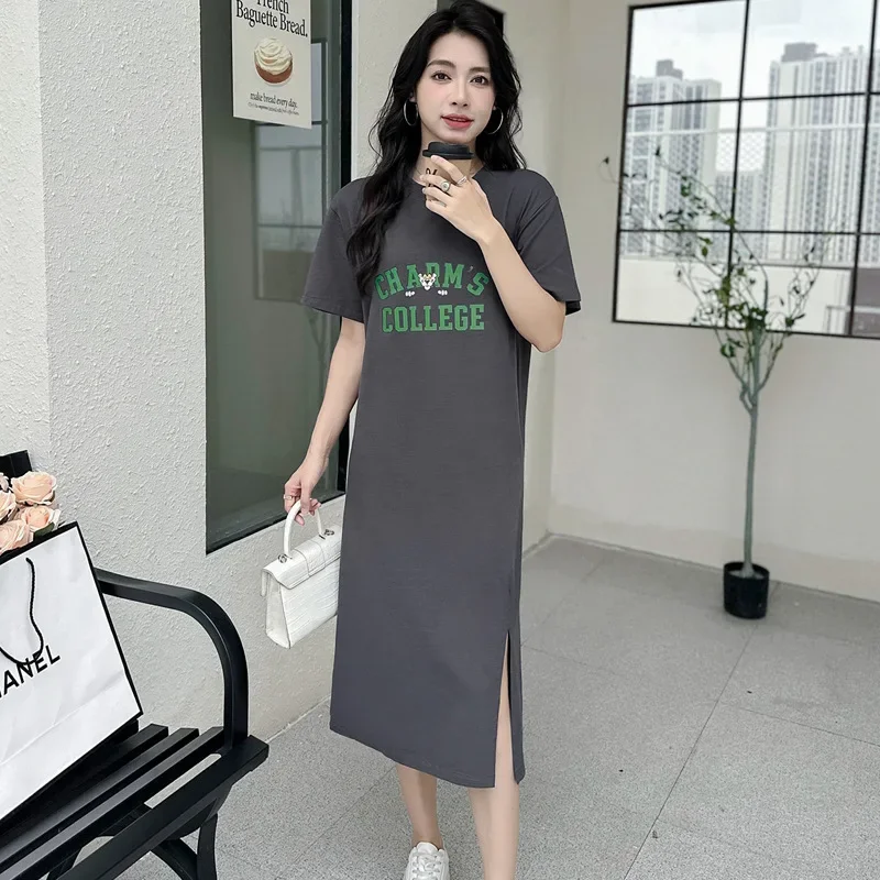 Summer Fashion New Letter Printed T Shirt Dress Short Sleeve O-Neck Solid Office Lady Slit Dresses Fashion Casual Women Clothing