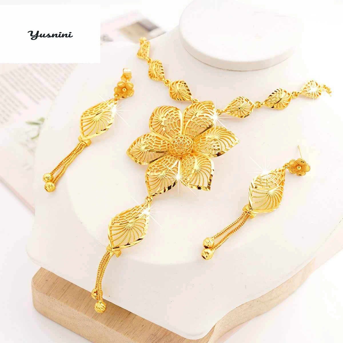 Fashion Middle East America 24K Gold Plated Customized Necklace Earrings for Couples' Wedding Christmas Gift Jewelry Set DD10936