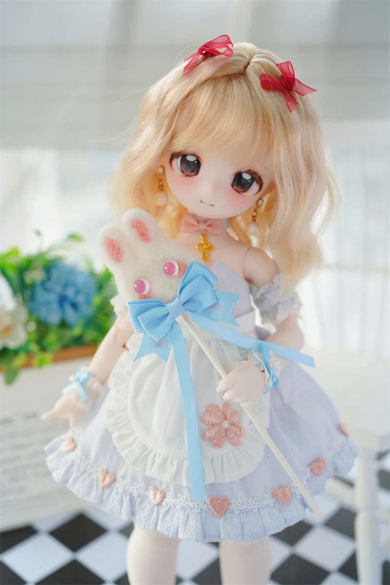 BJD Doll Girls Cute Wig 1/6 1/4 1/3 Milk Silk Natural Butterfly Knot Cute Toy Shoulder-Length Hair Wig Doll Accessories(no doll)