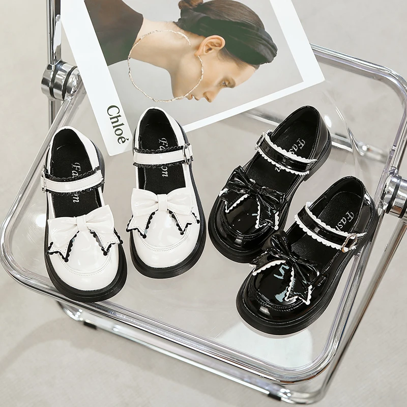 

2025 Fashion Girls Princess Leather Shoes Spring Autumn Children's Flats Sweet Kids Bowknot Mary Jane Shoes Glossy Thick Bottom