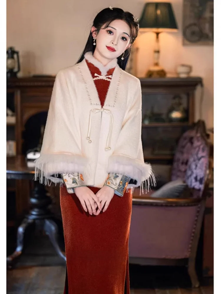 

Белое пальто из норкового бархата в новом китайском стиле, зимнее, с длинными рукавами, свадебное, верхняя одежда