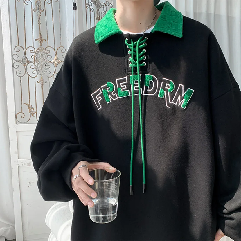 

Collared Sweatirt Men's Design Sense Belted Letter Embroidery Long Sve Hoodie Spring Autumn Casual Wear Faionable Yout...