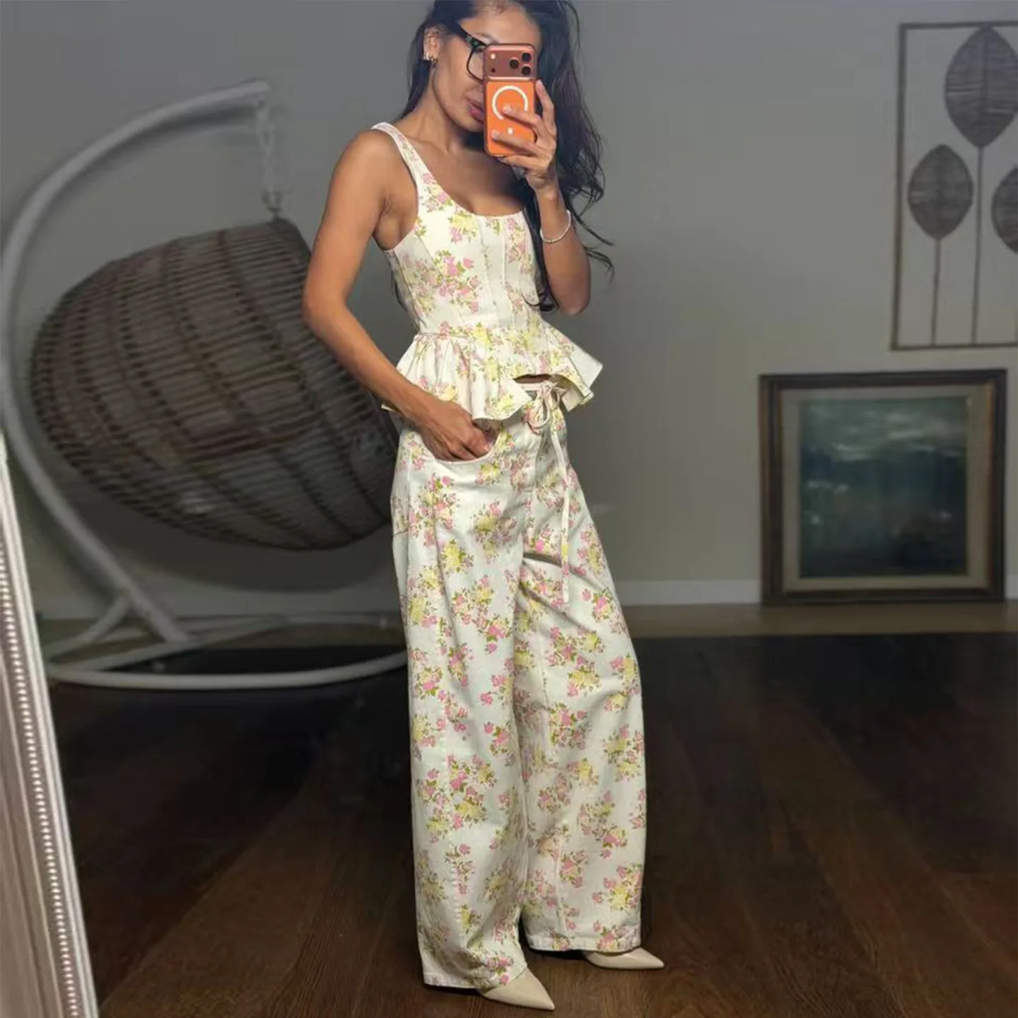 Pant Set Women Two Piece Sets High Street Sling Square Neck Tops Floral Print Wide Leg Long Pants Lace Up Elastic Waist Dating