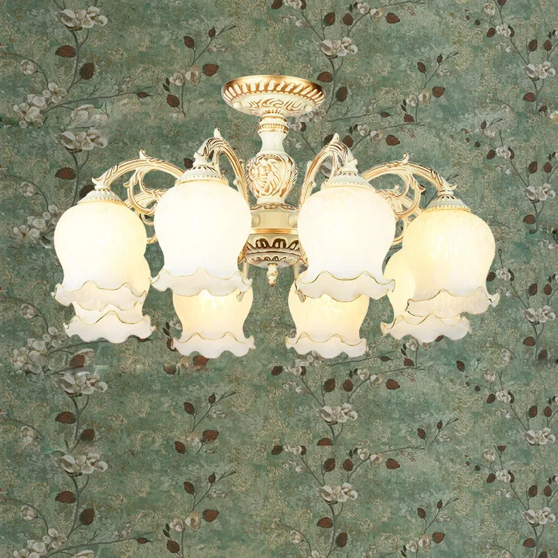 European Retro Frosted Glass LED Chandelier Luxury Light for Living Room & Elegant Home Decor Lighting