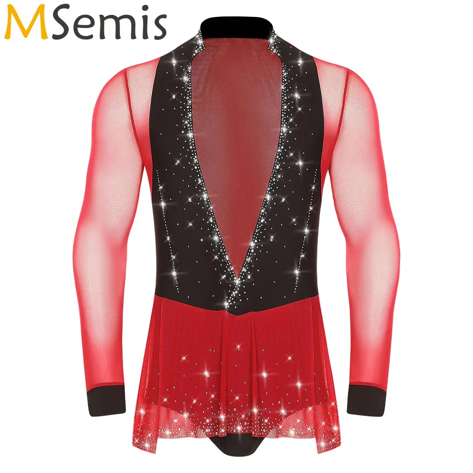 

Mens Rhinestones Gymnastics Latin Ballroom Figure Skating Costume Sheer Long Sleeve Dimonds Deep V Neck Leotard Bodysuit Shirts