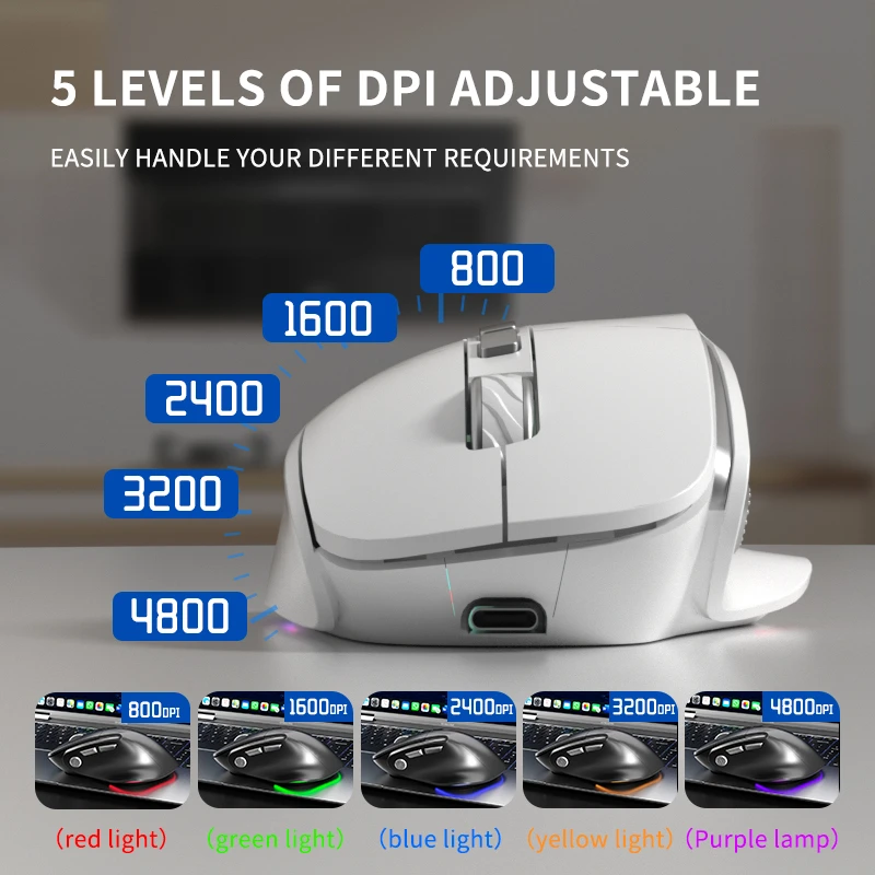 

Triple Mode Wireless Bluetooth Mouse 5 Levels Adjustable 800-4800 DPI Type-C Rechargeable Ergonomic Mute Mouse for Office Gaming