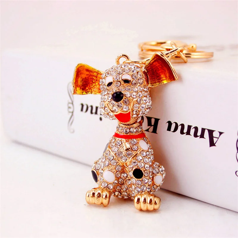 Cute Dalmatian Rhinestone Dog Keyring Alloy Metal Gold Color Animal Pet Keychain Handbag Purse Holder Jewelry llaveros