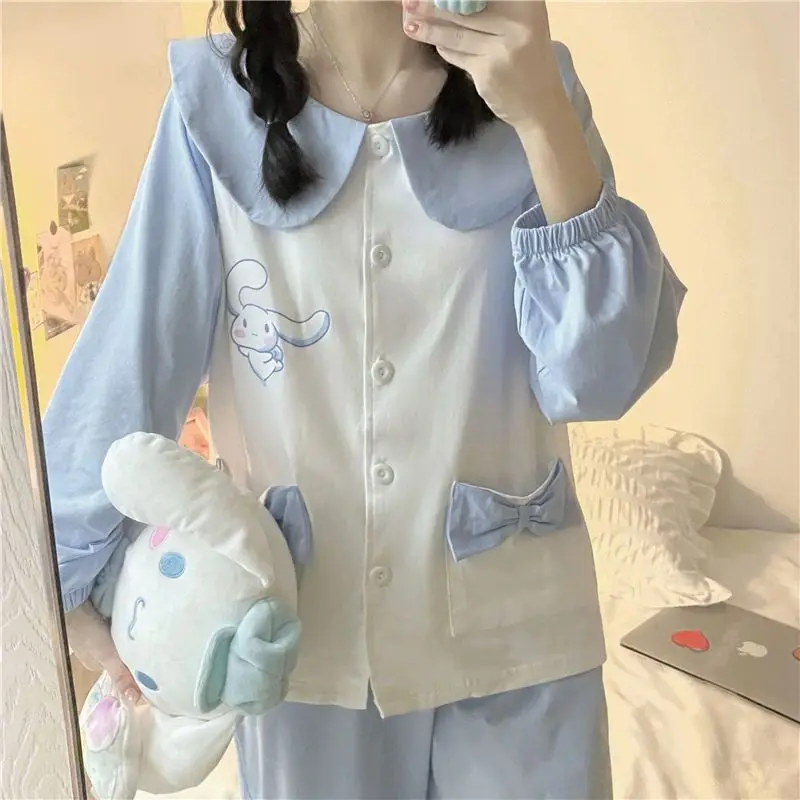 Sanrios Anime Cinnamoroll Pigiama Set Kawaii Ragazze Carino Cardigan giapponese Allentato Manica lunga Vestiti per la casa Primavera Autunno Indumenti da notte