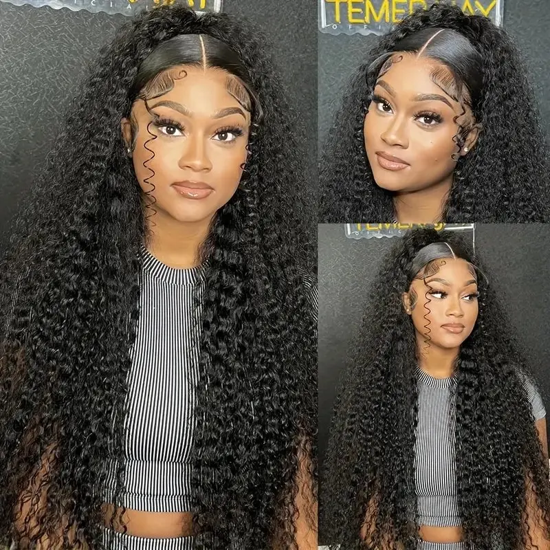 13x4 Curly Lace Front Natural Black  Frontal Wig Glueless Deep Wave 18 Inch Human Hair Wigs  For Women Full 150% Brazilian