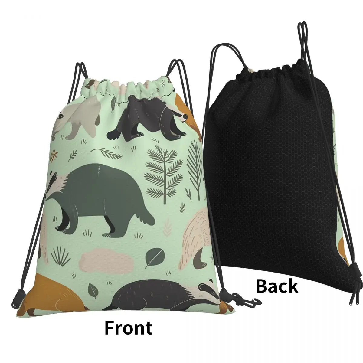 Woodland Badger Backpacks Portable Drawstring Bags Sports Bag Book Bags for Travel School