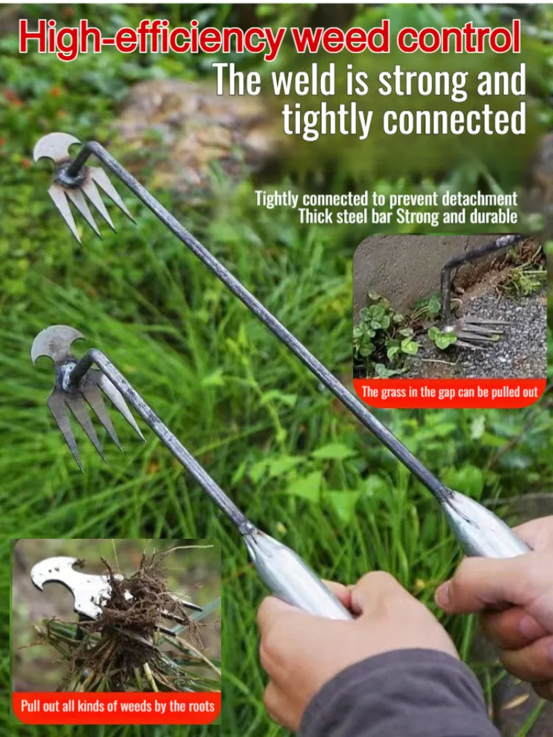 2 in 1 Garden Weeder Tools 4 Teeth Rake Stainless steel material Durable Suitable for Vegetable Gardening & Farm Planti