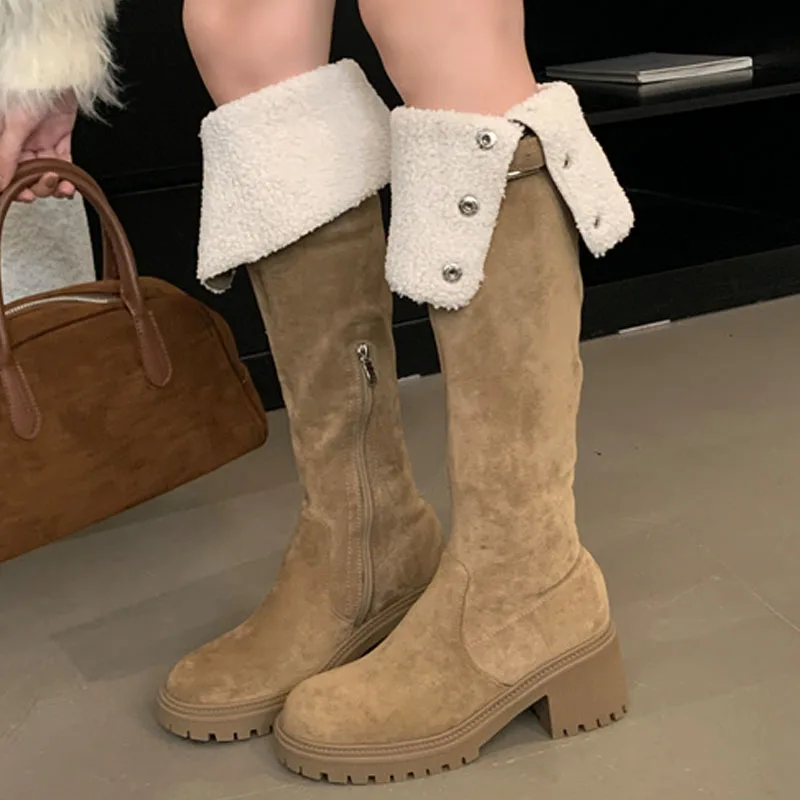 

Aneikeh/2026, зимние модные женские сапоги выше колена с круглым носком и пряжкой на ремешке, женская обувь на квадратном низком каблуке и молнии
