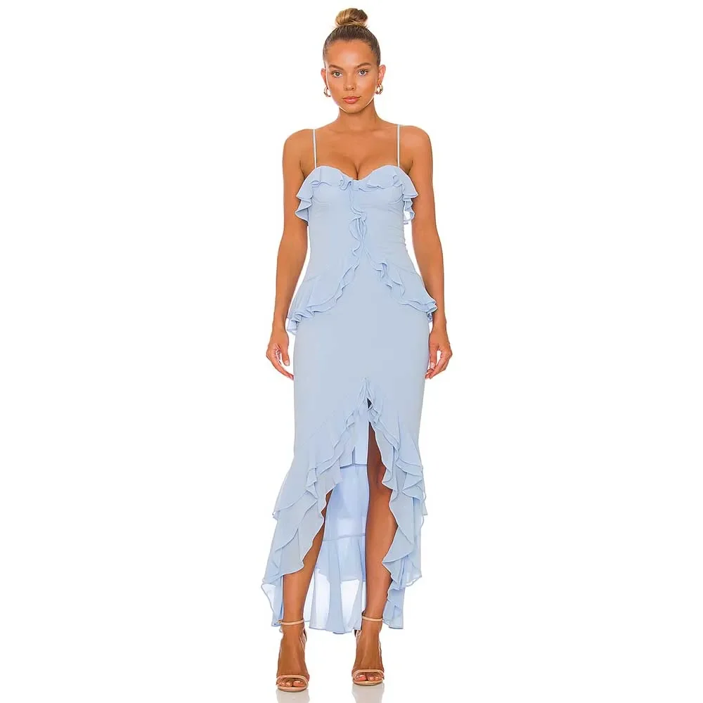 Customized Baby Blue Prom Dress 2023 Spaghetti Straps Sweetheart Mermaid Evening Dresses For Women Ruffle Hi-Lo Ankle Length Mid