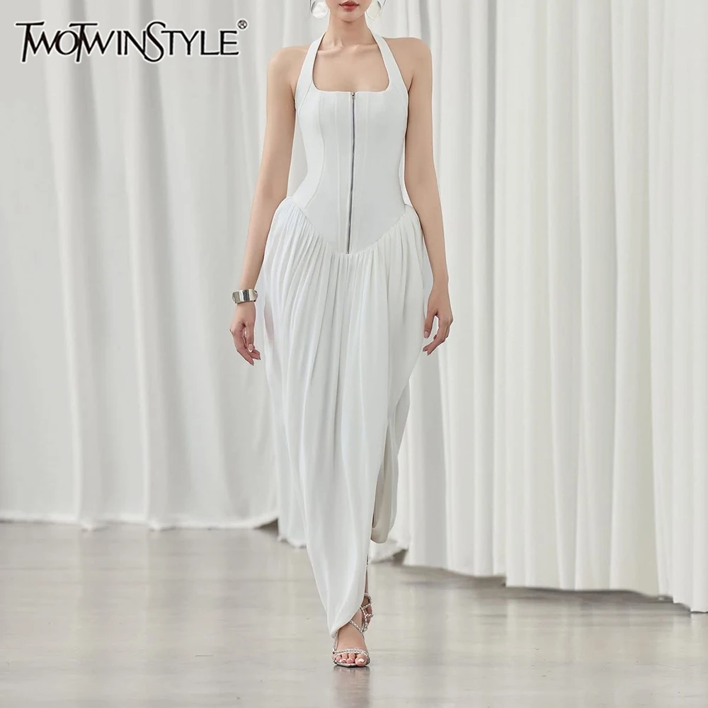 

TWOTWINSTYLE, утягивающие минималистичные платья на молнии для женщин, лоскутное длинное платье без рукавов с лямкой на шее, женская мода