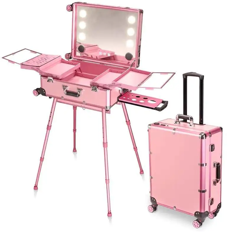 Trolley cosmetico pieghevole da viaggio, tavolo da trucco professionale con specchio a LED, trolley per cosmetici, valigia per bagagli con rotelle