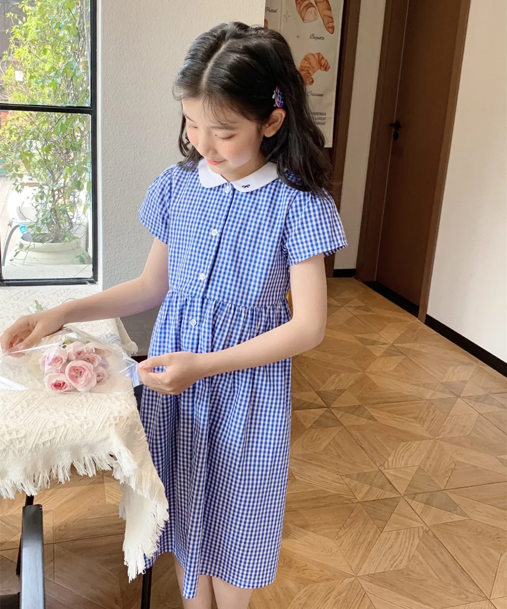 

Summer girls' dress baby girl clothes Blue checkered pattern student style dress peter pan collar Sweet short sleeved dress