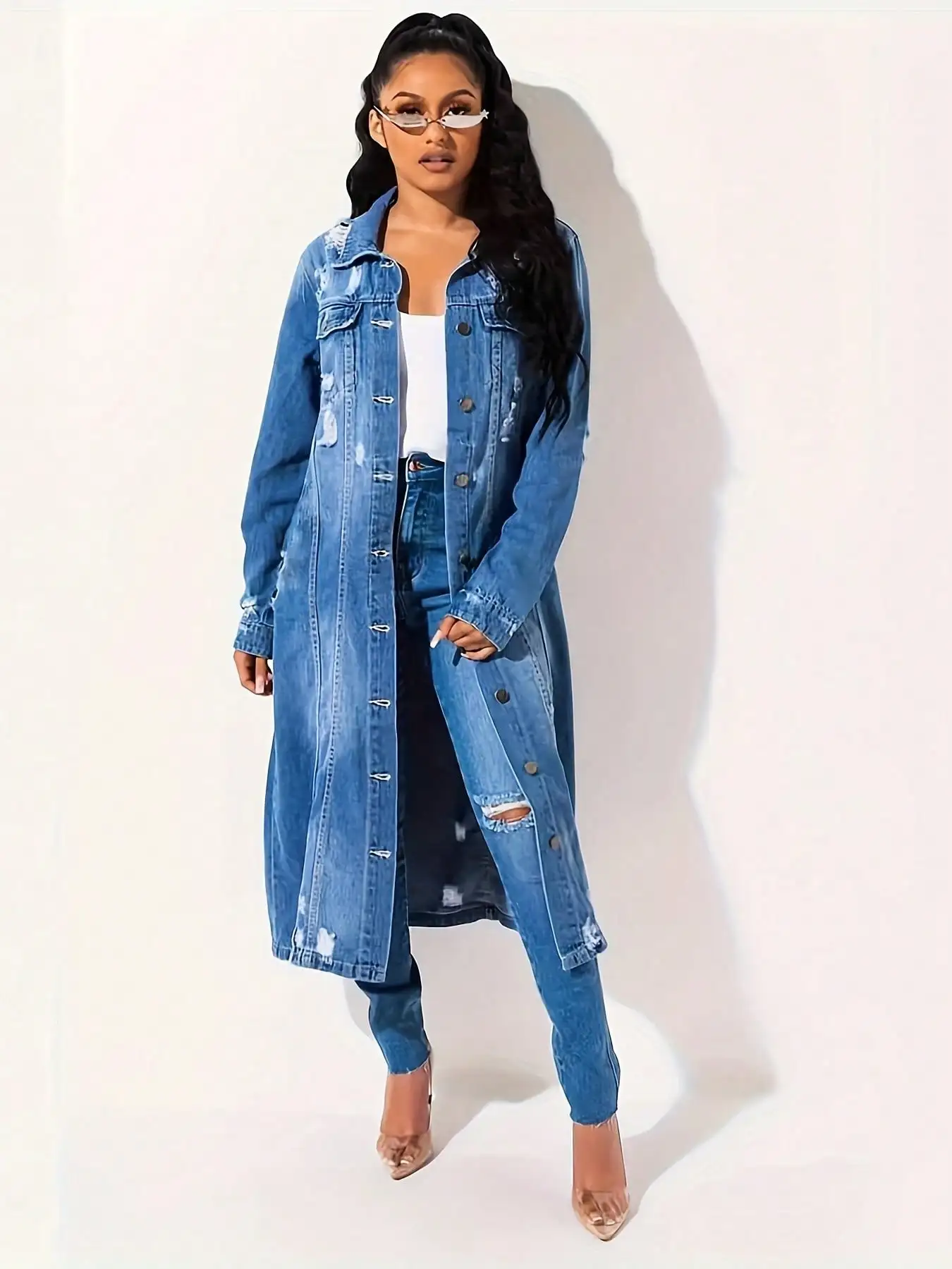 

BWQ Denim Trench Coat Women Spring And Autumn New European And American Fashion Selling Retro Medium Long Coat Blouse