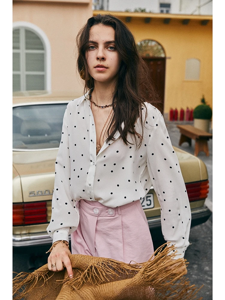 SuyaDream Woman Dots Shirts 100%Silk Crepe Long Sleeves French style Blouse Shirt 2022 Spring Autumn Office Lady Top Navy White