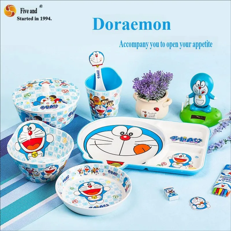 Juego de Vajilla Infantil WUHE Doraemon, Resina Imitación Porcelana, Tazón, Plato, Cuchara, Taza, Seguro y Resistente a Caídas