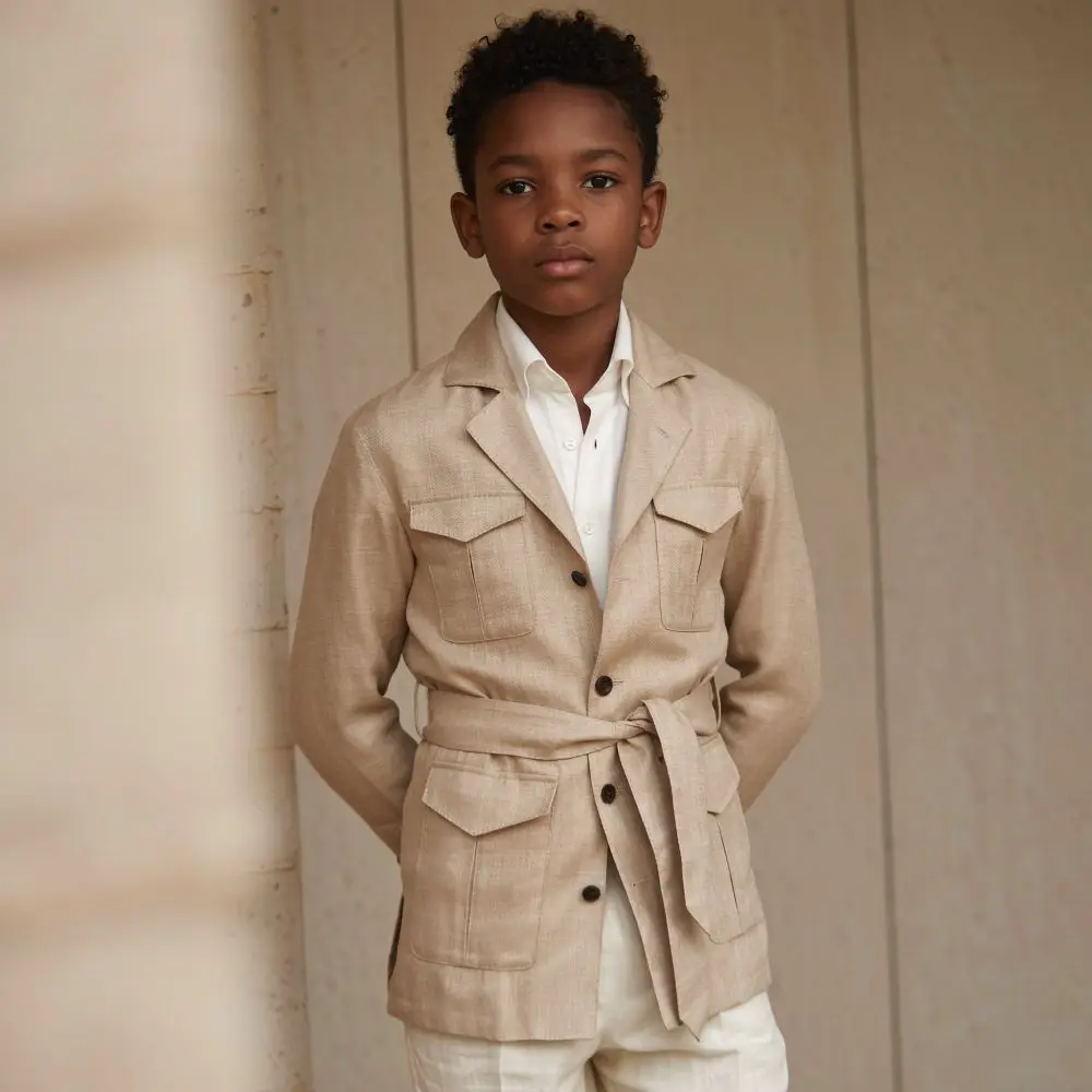 Safari Linen 2 Pieces Belt Single Breasted Wedding Party Child Suits Four Flap Pockets Summer Formal Wear For Beach Vacations