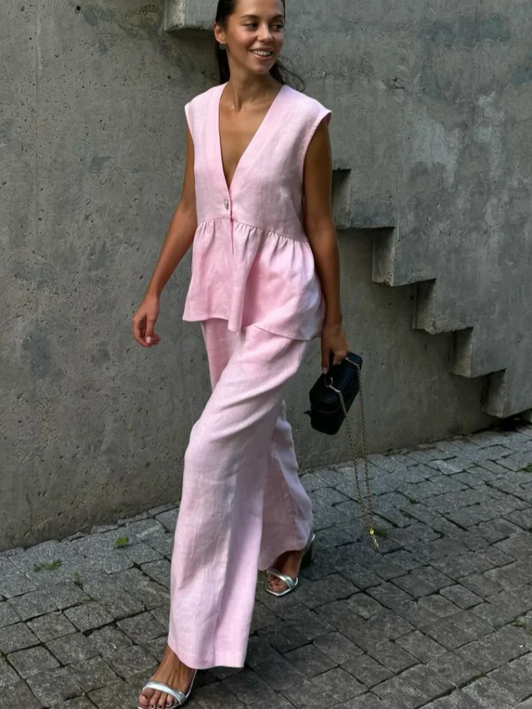 Loose Pink Cotton Linen 2 Piece Set Women Summer Chic Outfit 2025 New Fashion Sleeveless Tank Top With High Waist Wide Pants Set