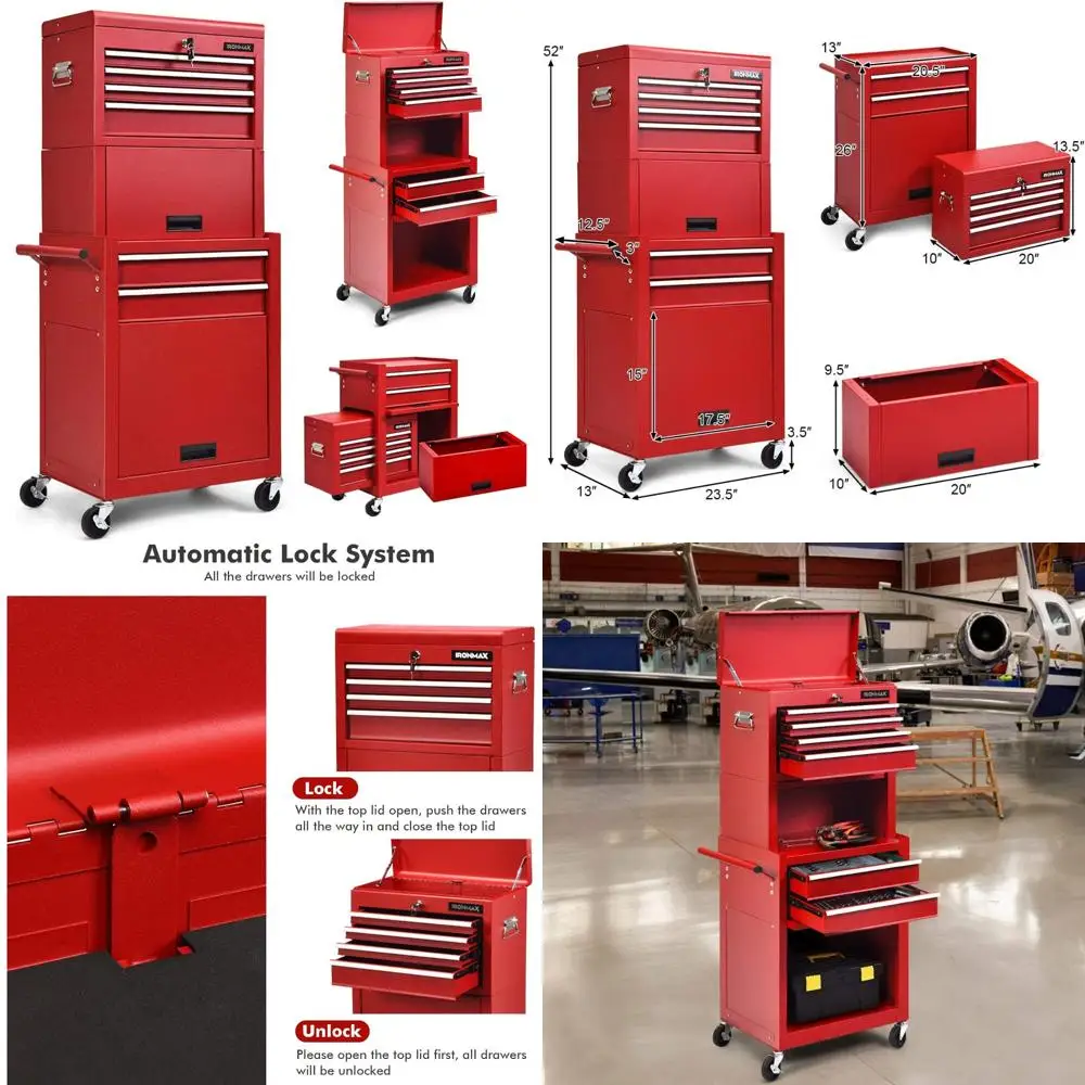 ユニバーサルロック式3-in-1ローリング6段ツールチェスト（取り外し可能な上部キャビネット付き、収納・整理用）