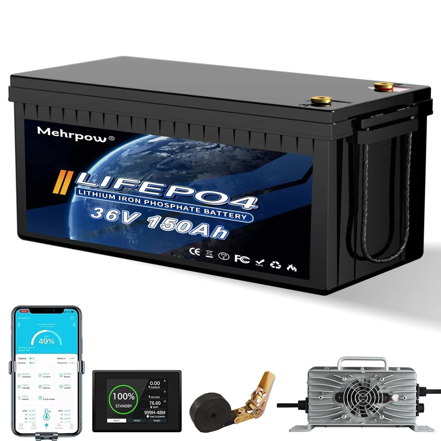 

36V 150Ah LiFePO4 battery, built-in Bluetooth 200A BMS and LCD display, IP65 waterproof and dustproof, equipped with, Custom