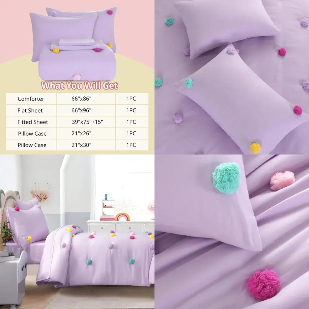 

Фиолетовый комплект одеял Twin/Twin XL в стиле бохо из 5 предметов для девочек с помпонами и всесезонным использованием