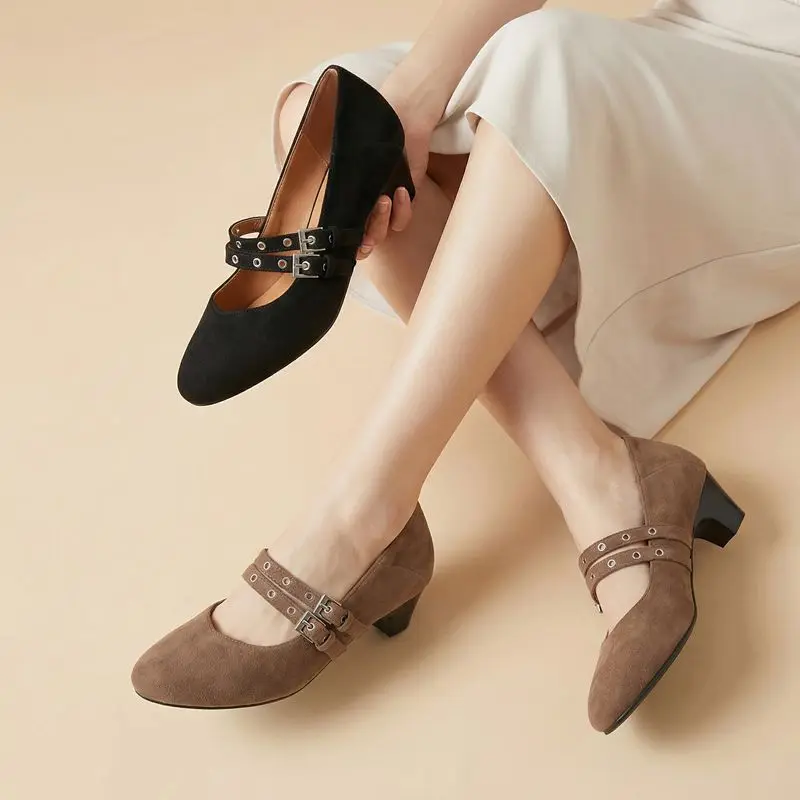 

SIMLOVEYO Brand Flock Suede Women Pumps Pointed Toe 4.5cm Block Heel Double Buckle Strap Oversize 45 46 47 48 Mary Janes Shoes