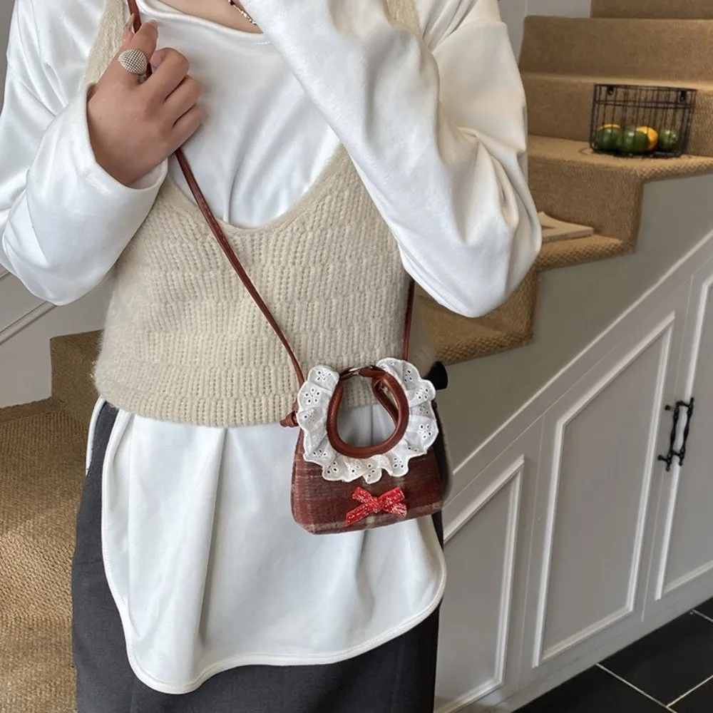 

Funny Lace Plaid Crossbody Bag Shoulder Pouch Mini Furry Handbag Lightweight Versatile Bow Shoulder Bag Students