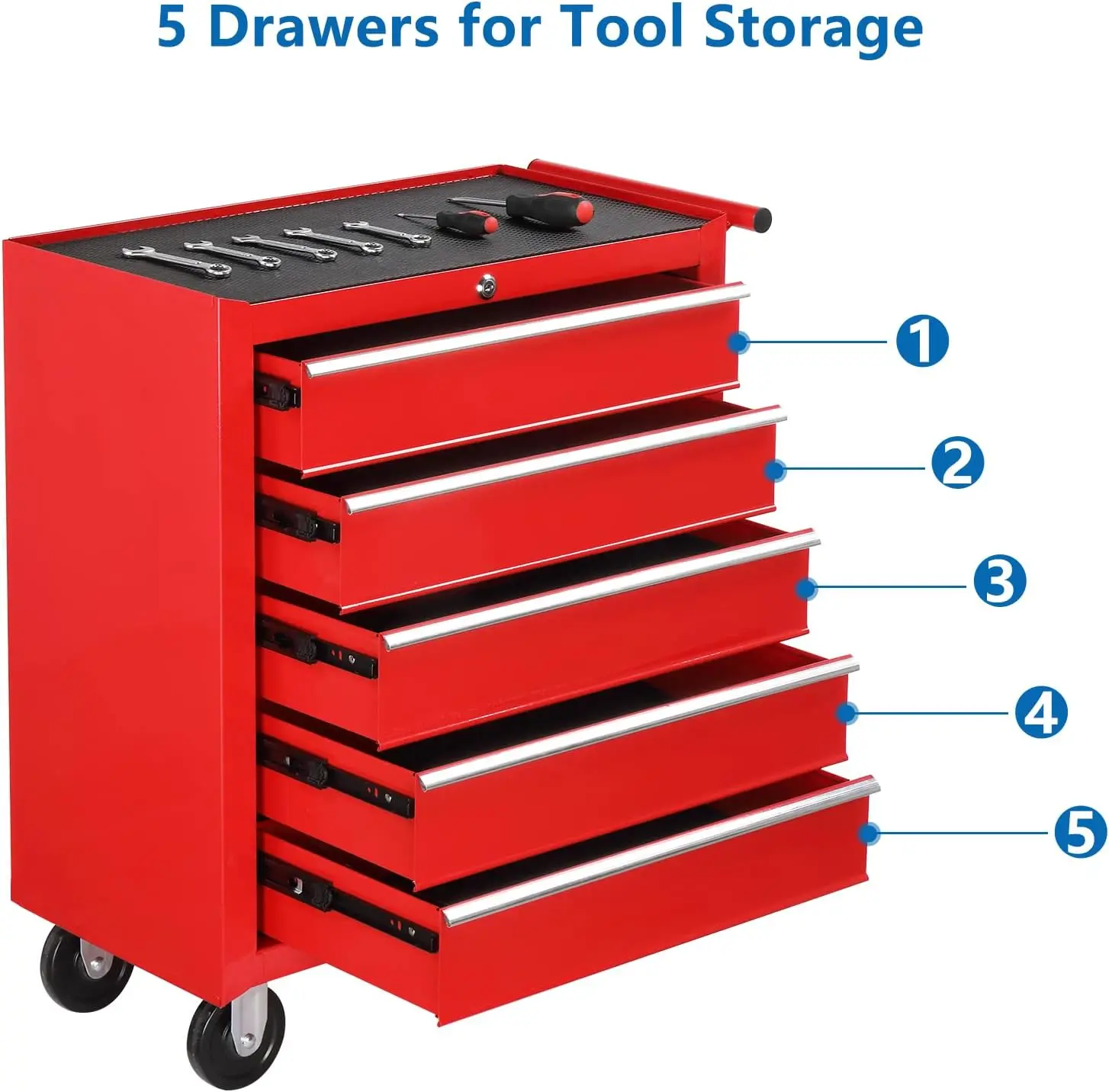 Kotak Organizer perkakas untuk garasi, alat bergulir 5 laci dengan Kunci & Kunci, bantalan atas gudang & bengkel, merah