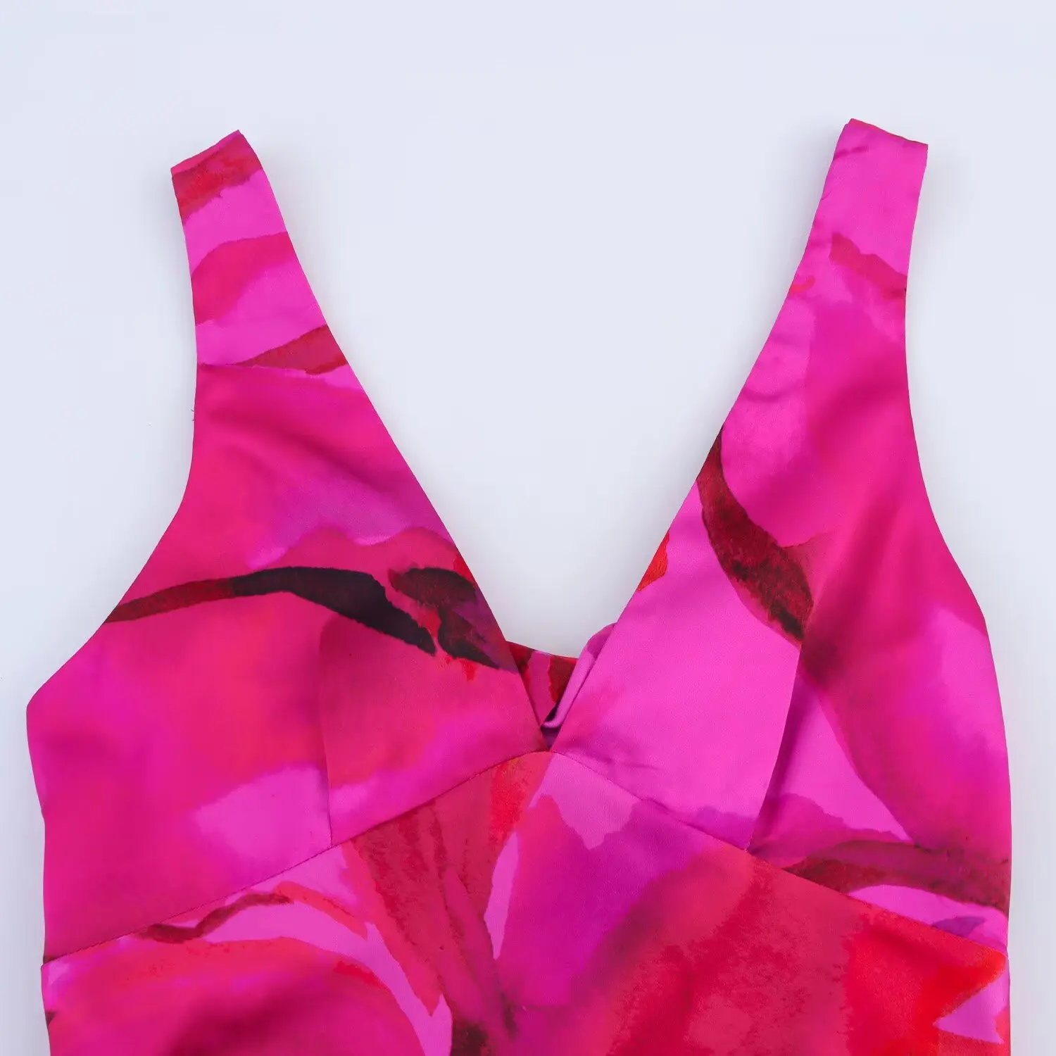  Summer new women's fashionable temperament printed V-neck silk satin texture MIDI dress