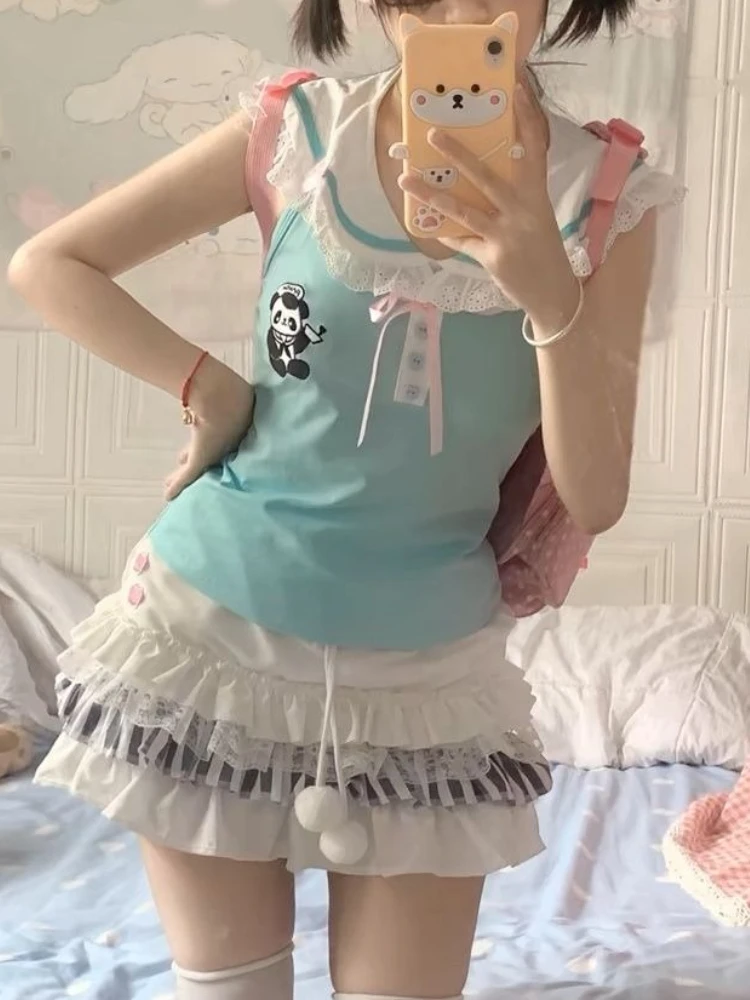 ญี่ปุ่นหวาน JK Hot Chick 2 ชิ้นชุดชุดสตรี Lace Patchwork Tops + น่ารักเค้กกระโปรงใหม่ Lolita แฟชั่นฤดูร้อนชุด 2025