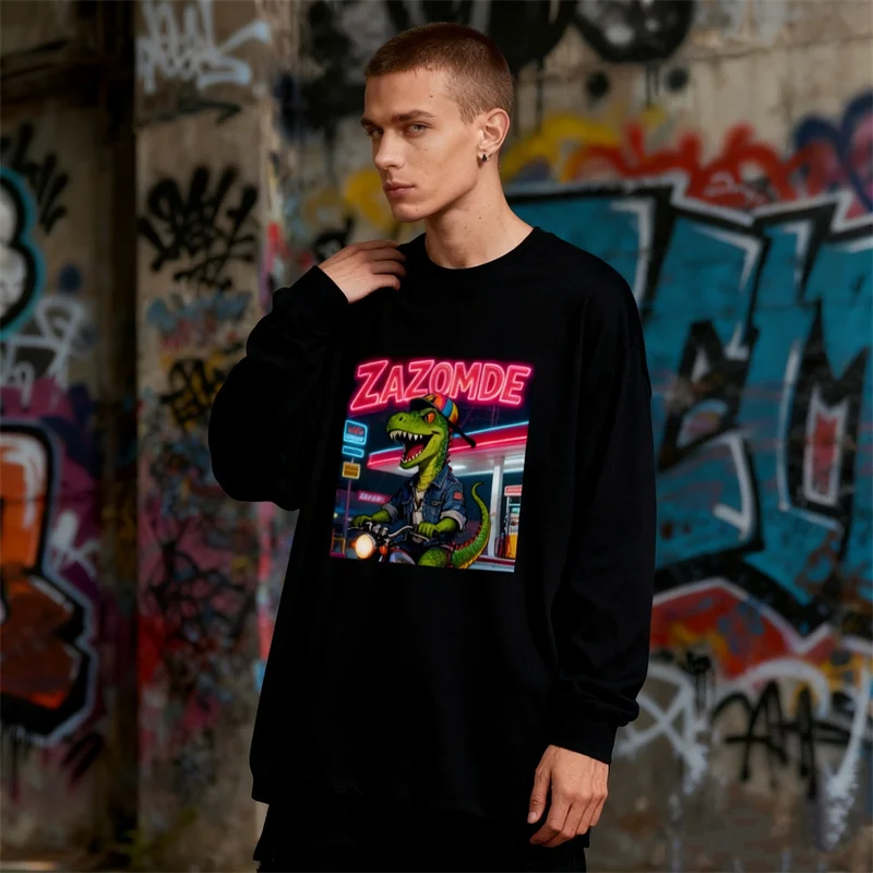 

ZAZOMDE 2025 Новая мужская хлопковая футболка в стиле американского комиксов с графическим принтом и длинными рукавами, винтажный дизайн, уличная одежда, топ для мужчин