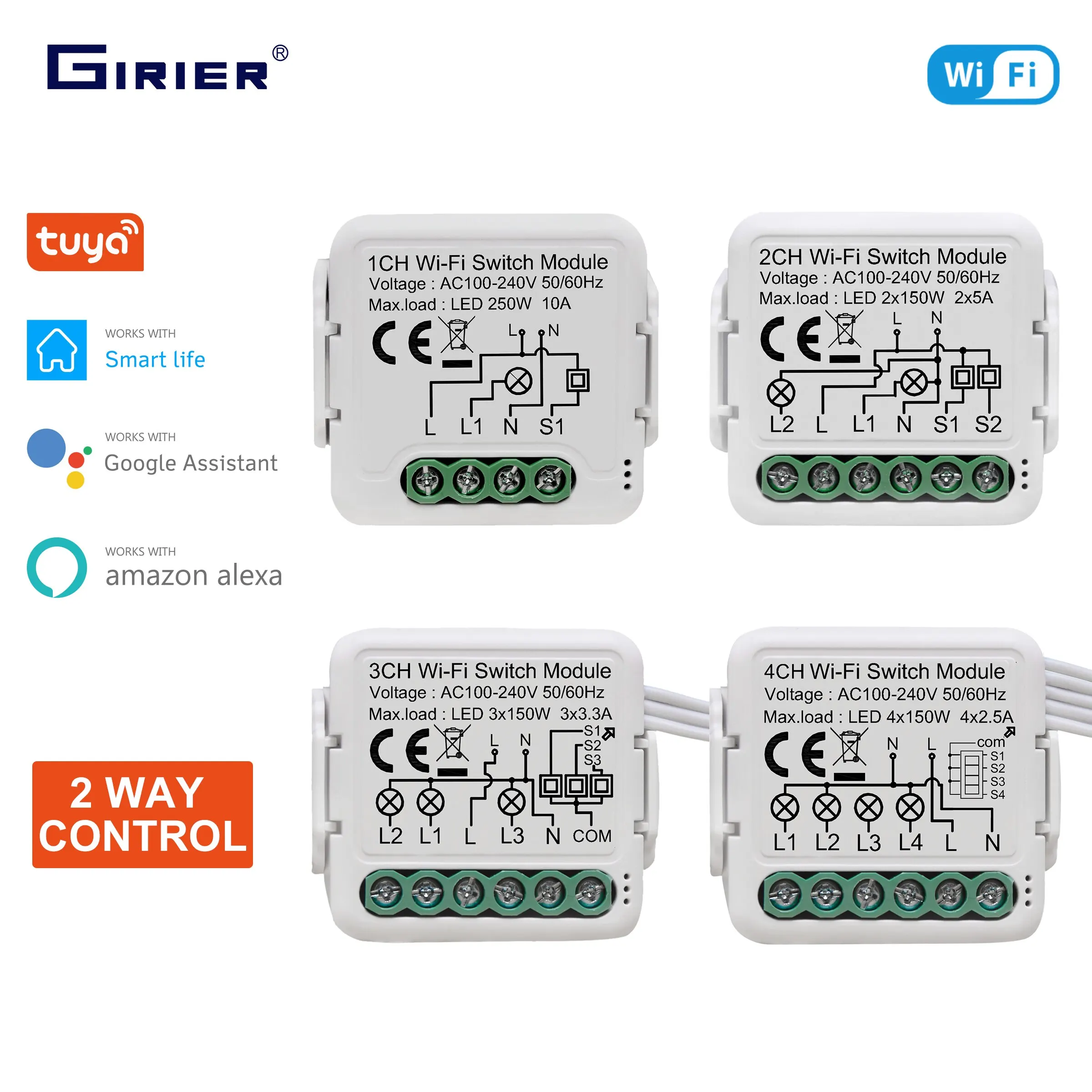 GIRIER Tuya Wifi Smart Light Switch Module supporta il controllo a 2 vie App telecomando interruttore fai da te 100-240V lavoro Alexa Google Home