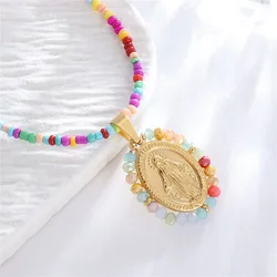 Catholic Virgin Mary Bohemian DIY Colorful Rice Beaded Stainless Steel Necklace for Women Fashion Religious Prayer Jewelry Gifts