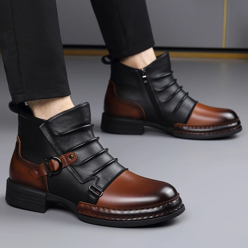 

Мужские ботинки челси на одну ногу в британском стиле, низкие короткие короткие ботинки с плюшевой высокой посадкой, кожаные высококачественные зимние ботинки на толстой подошве для щиколотки