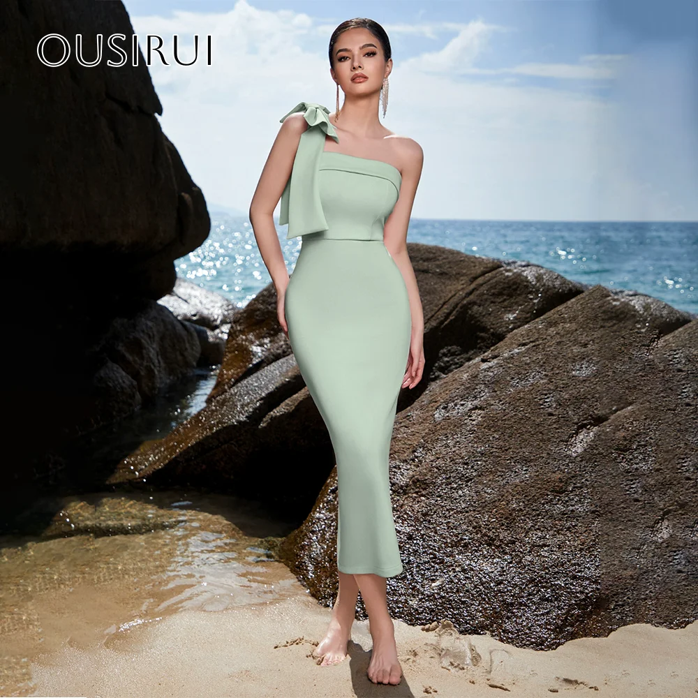 

Bow One Shoulder Satin Sheath Cocktail Dresses Customized Back Split Tea Length vestidos de gala