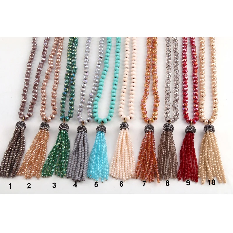 Fashion Bohemian Tribal Jewelry Glass Knotted Crystal Tassel Necklaces For Women Ethnic Necklace