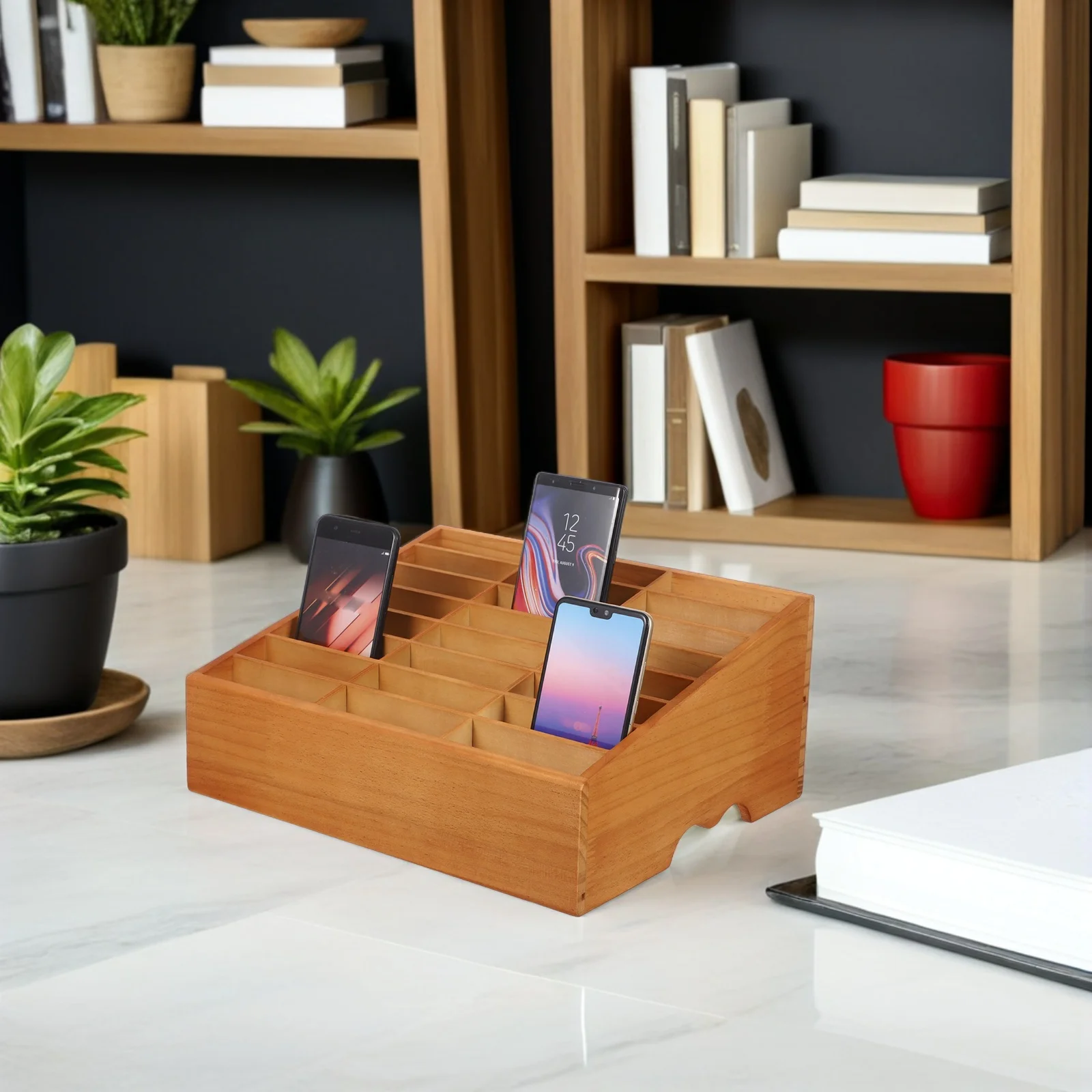 

24 Grid Wooden Desk Organizer Box Multi-Grid Display for Classroom Office Cell Phone Storage Calculator Holder School Management