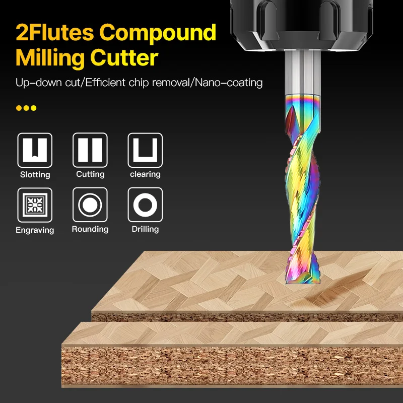 HUHAO Composite Milling Cutter for Wood 2 Flute Spiral Carbide Chip End Mill DLC Coating CNC Router Bit Cutter Chipboard Acrylic