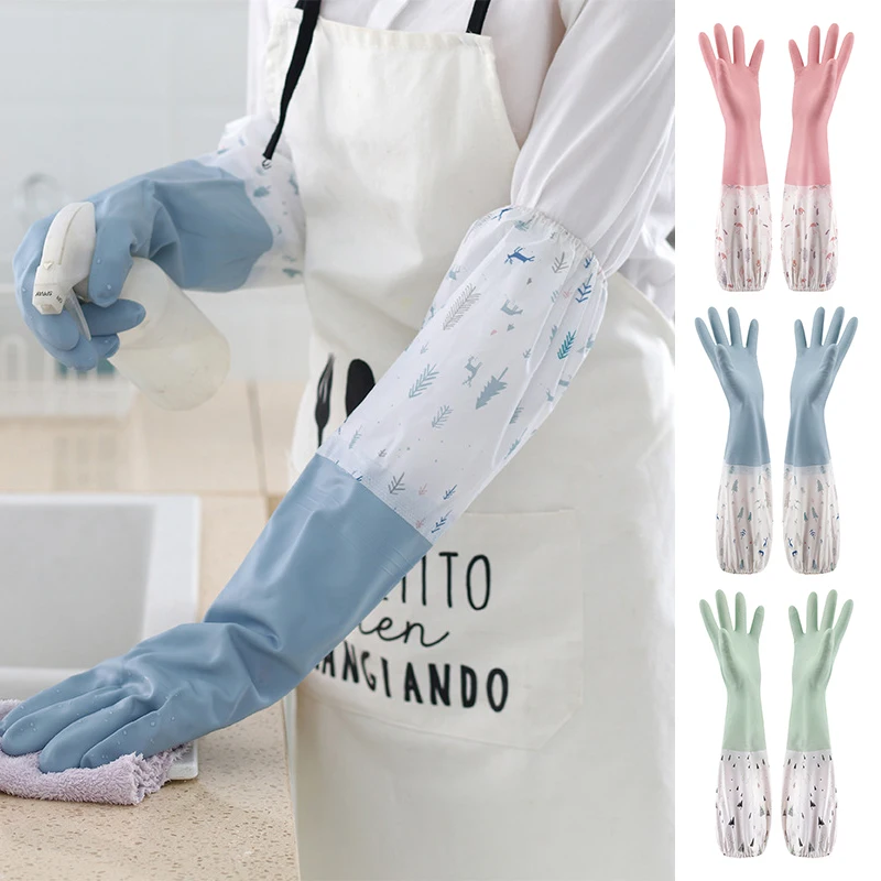 Lengthen Latex Gloves Dishwashing Cleaning Gloves Kitchen Waterproof  Durable Rubber Clean Tool Interior Plush Silicone Gloves