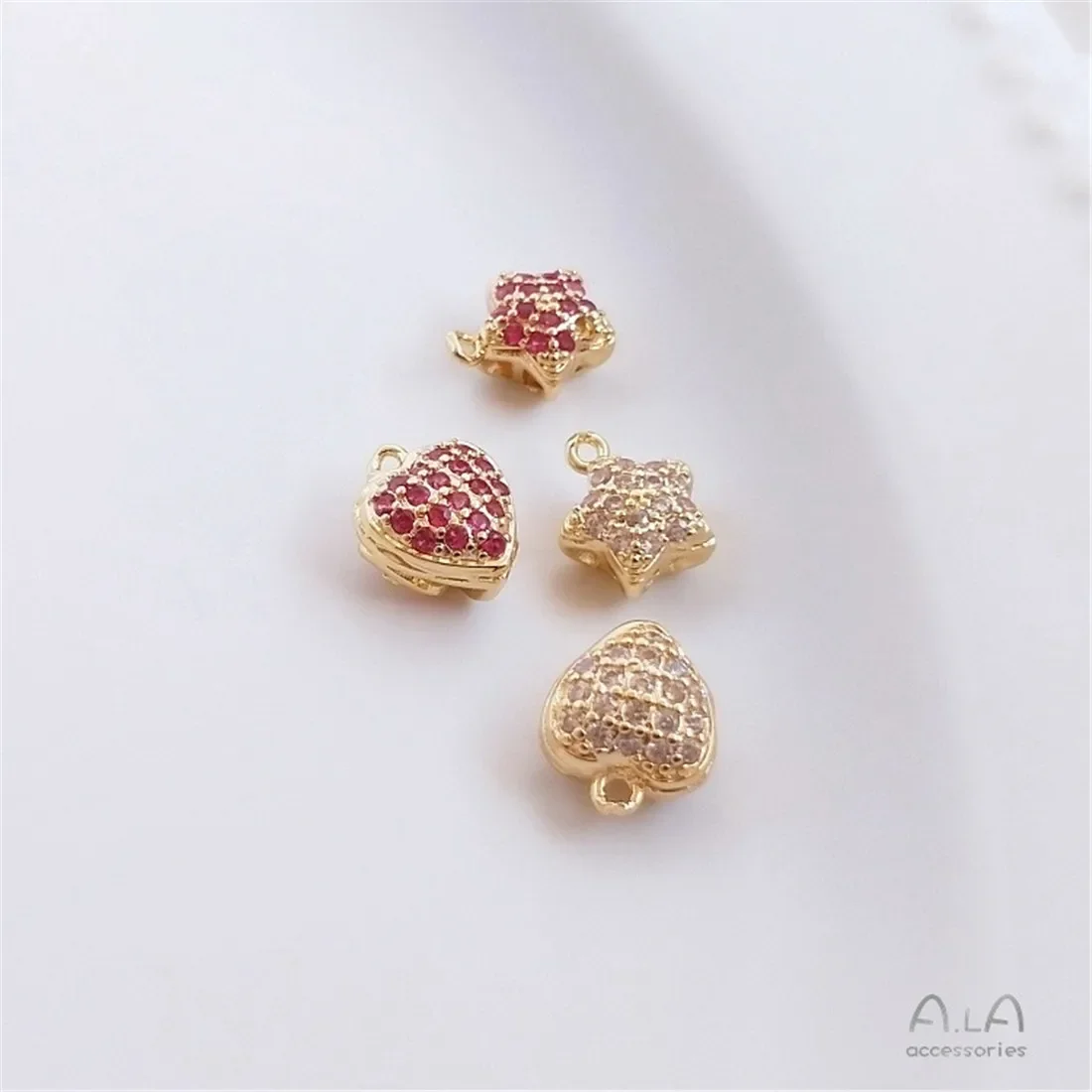 14K 골드 컬러 인레이드 지르콘 입체적인 속이 빈 오각형 하트 모양 마이크로 인레이드 펜던트 DIY 쥬얼리 펜던트