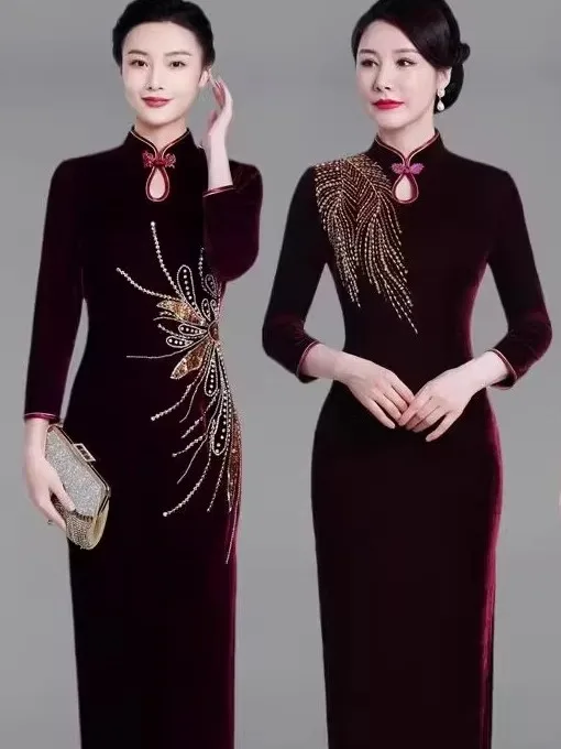 

Ele Velvet Long-Sve Fro Coat for Mom Wedding Guest Thiened Fce Warm Vintage Chinese Sle Qipao Winter Par Dr