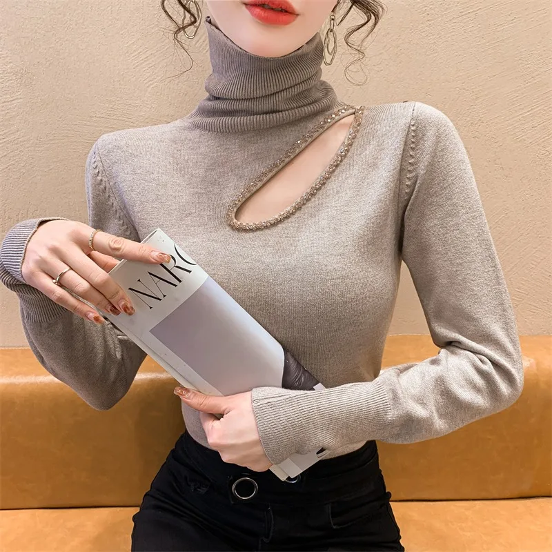 Autumn Winter 2024 Hollow out Rhinestone Knitted Sweater Women's High Collar Long Sve Base irt Inner Trendy Top